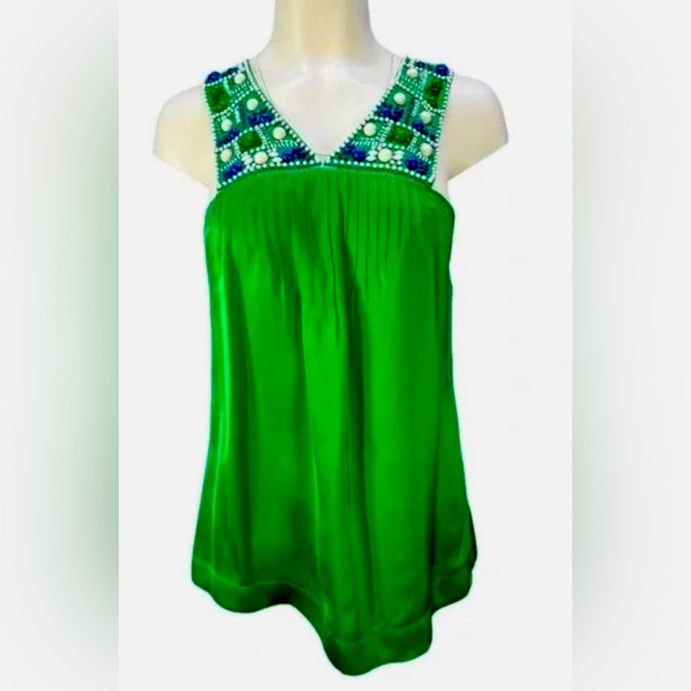 BCBGMaxazria Green Beaded Silk Tank Blouse Sz Small